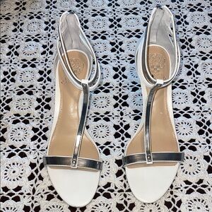 Vince Camuto White and Silver Strappy Sandals